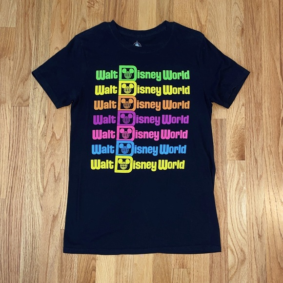 Disney Tops - Walt Disney World Black Multicolored Text T-Shirt MEDIUM